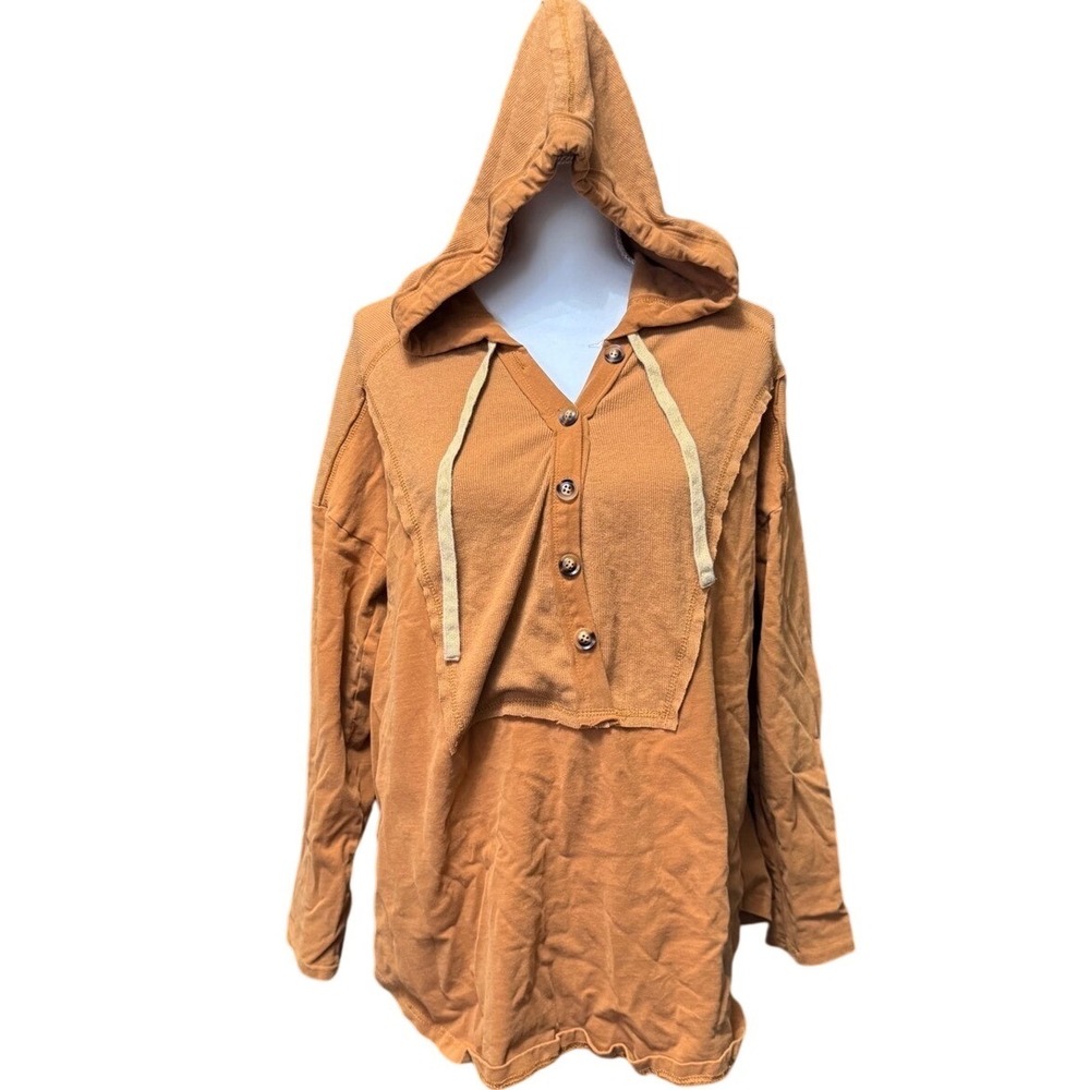 Heyson Hooded Tunic Top L Boho Button Front Long Sleeve Hoodie‎